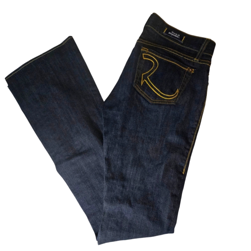 Y2K ★ ROCK & Republic ★ Size 25 Indigo Blue Gold Flared Women's Low-Rise Jeans